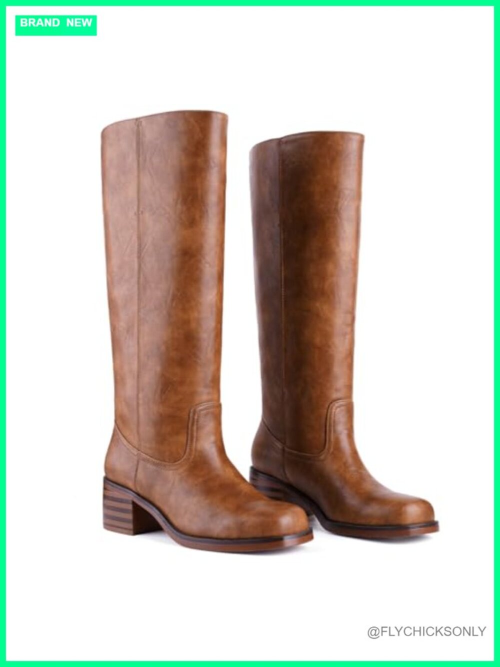 Migpuel Knee High Boots Chunky Heel Square Toe Faux Leather Pull-On